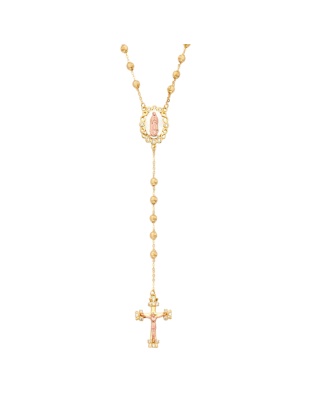 14K Tri Color Gold 3.0 mm Moon Cut Ball CZ Rosary Necklace 20"