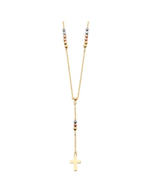 14K Tri Color 2.5 mm Ball Fancy Rosary Necklace 17 " + 1"