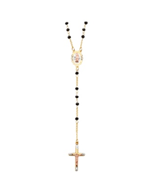 14K Tri Color Gold Gem Black Stone Rosary Necklace 18"